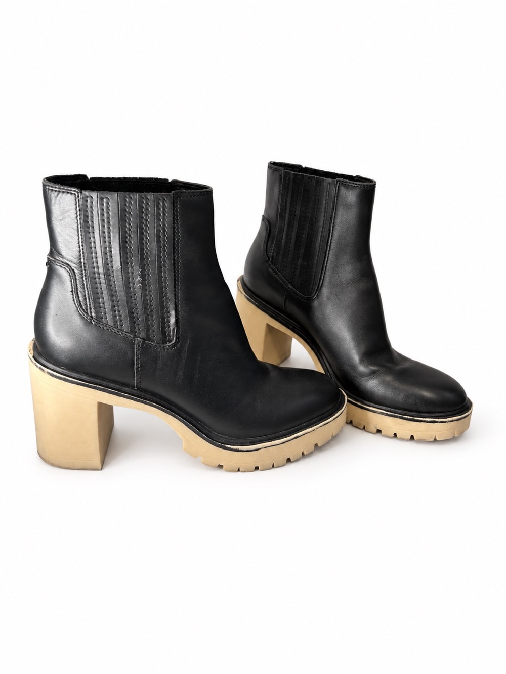 Dolce Vita Black Leather Block Heel Ankle Boots with Beige Sole Size 10